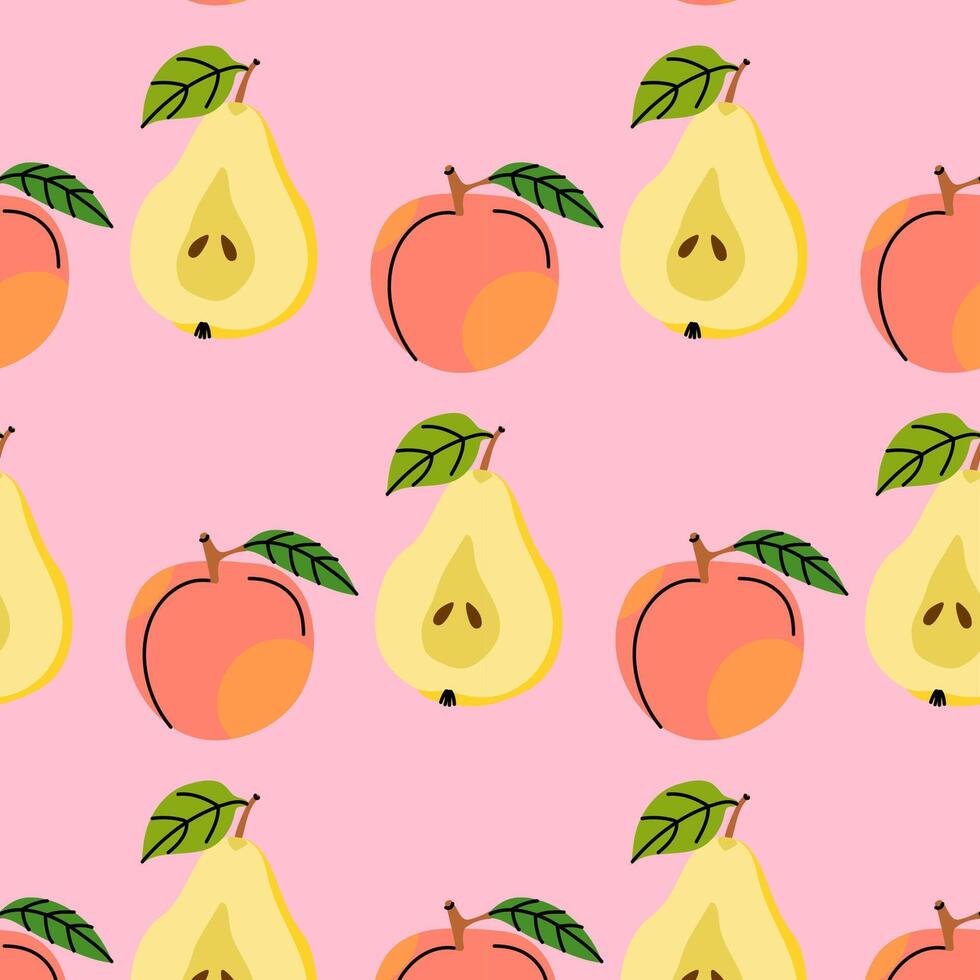Colorful pattern of peaches and pears on a pink background with vibrant leaves in spring vector