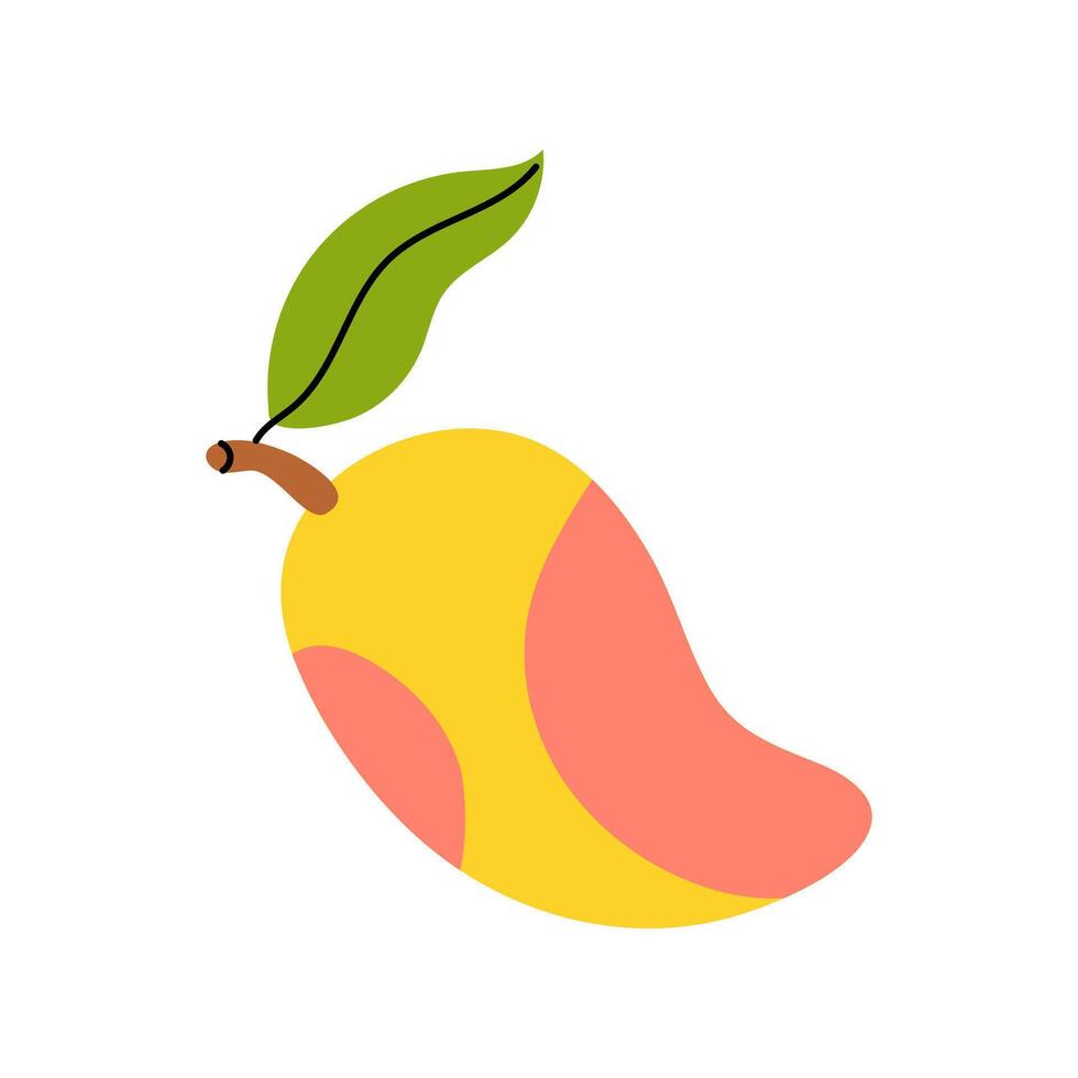 Colorful mango illustration with a green leaf on a plain white background vector