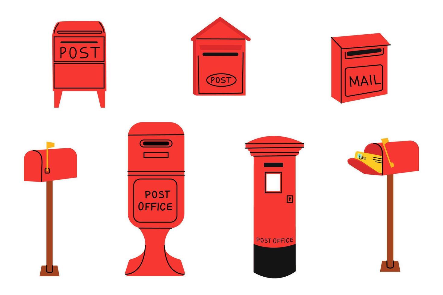 Bright red post office mailbox standing alone on a sidewalk in an urban area during daytime vector