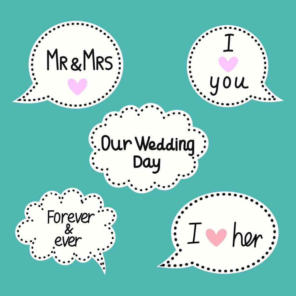Five speech bubbles with wedding-themed messages on a teal background. vector