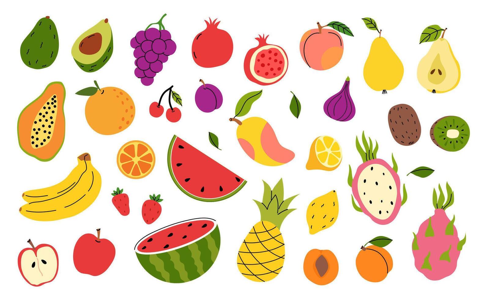 Set of fruit and berry icons. Natural tropical fruits. Papaya, banana, avocado, pineapple, coconut, strawberry, watermelon, orange, lemon, cherry, plum, pear, apple. illustration. Isolated vector