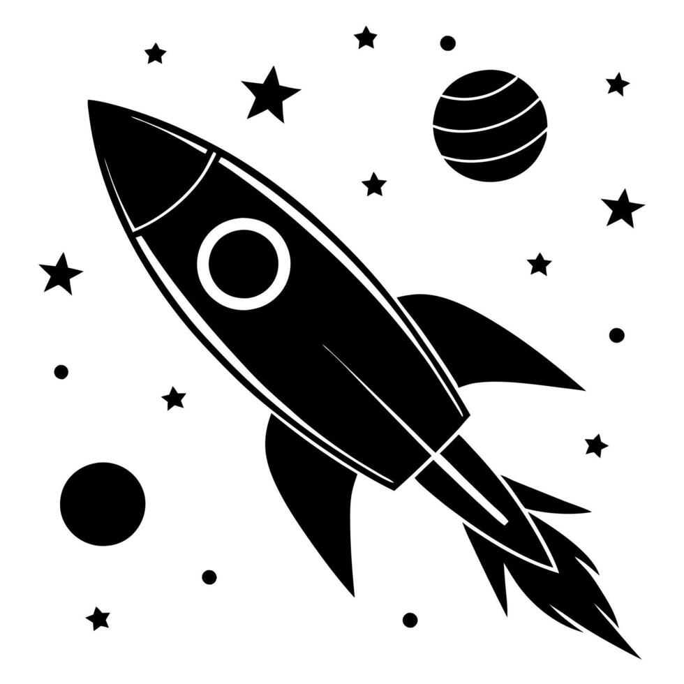 A Rocket is flying in the planet black silhouette illustration vector