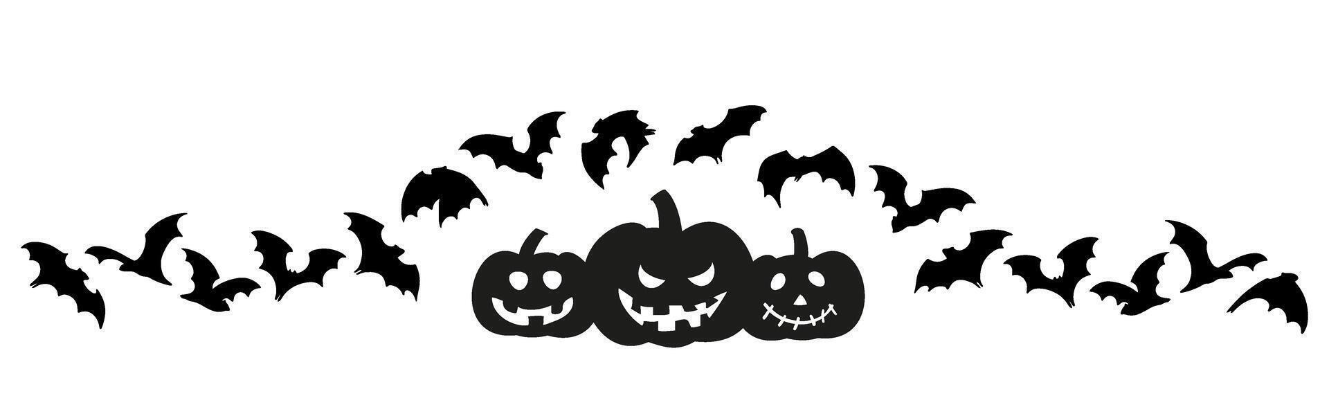 Halloween border with pumpkins and flying bats. Fun background. Header for letters, websites, mailing lists. Bats and scary pumpkins for horror night holiday. vector