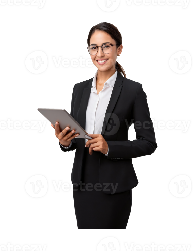 Business woman in suit holding tablet computer png