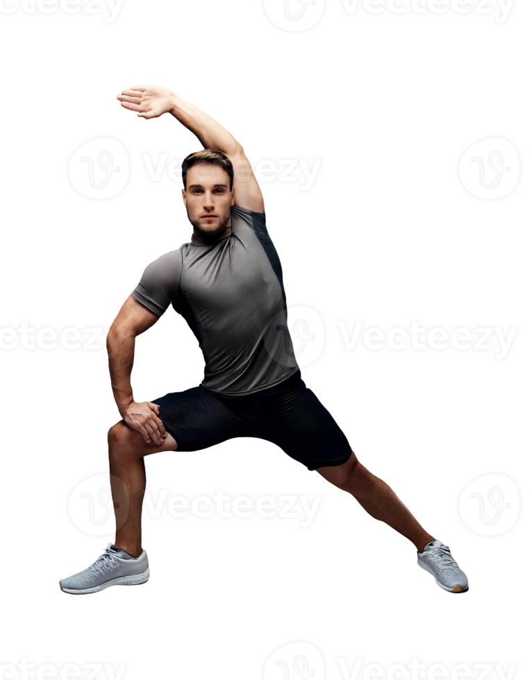 A man in a grey shirt is doing a yoga pose png