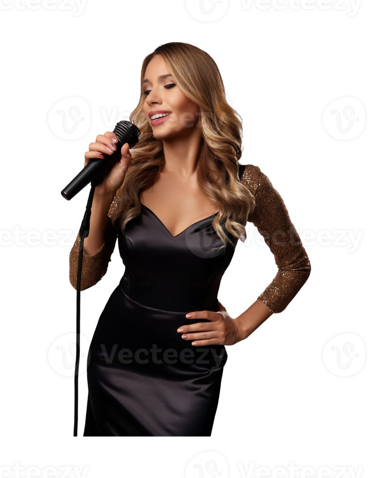 A woman in a black dress singing into a microphone png
