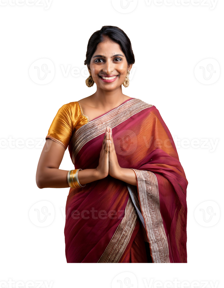 Indian woman in sari with hands folded png