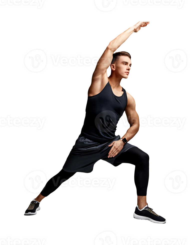 A man in a black tank top doing a yoga pose png