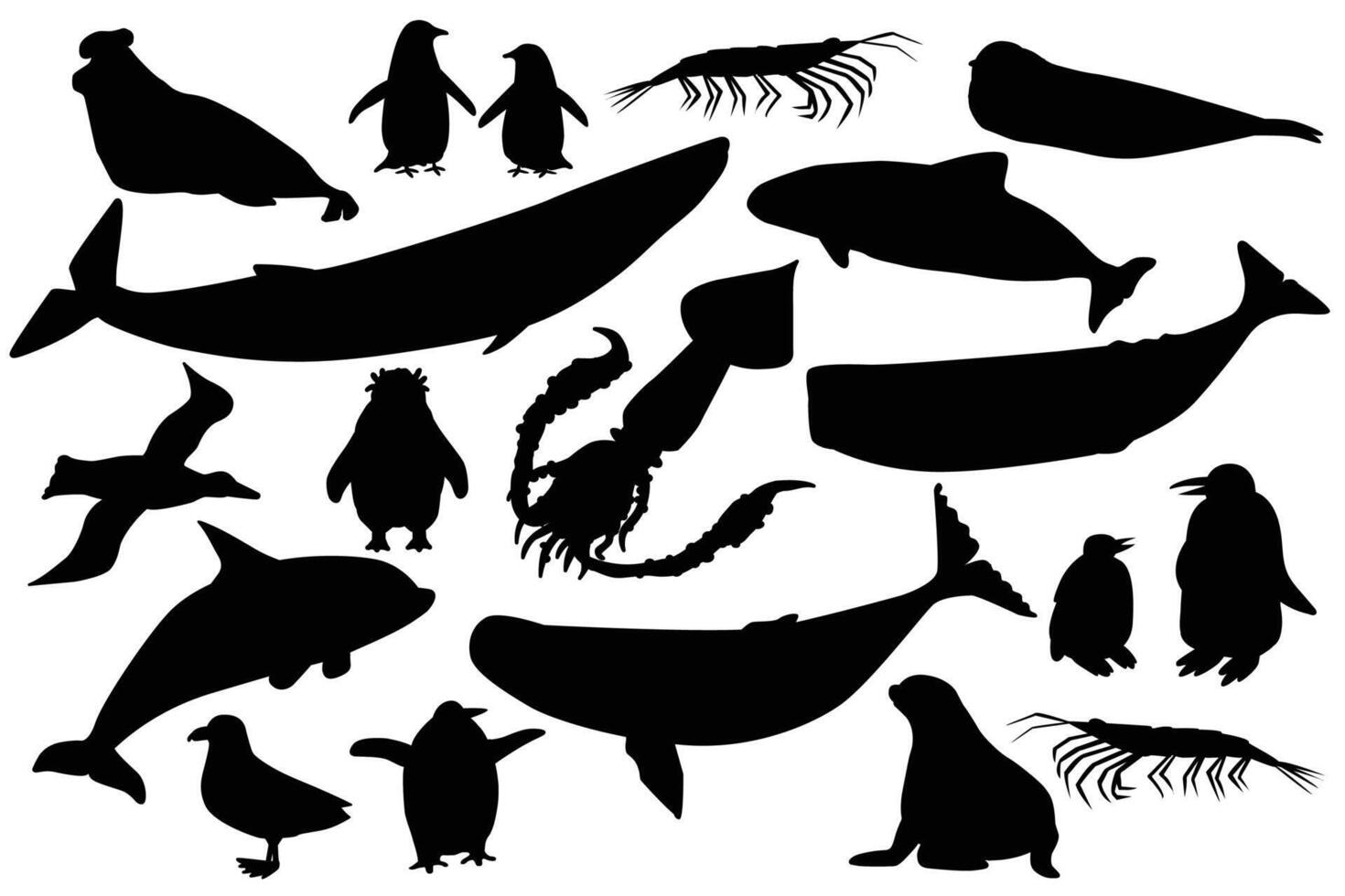 silhouett shape black set of animals in Antarctica. Hand drawn collection of whales, penguins, skua, krill, seals, porpoise. vector