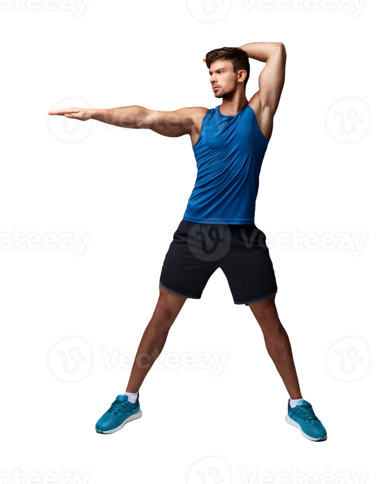 A man in blue shirt doing a stretching exercise png