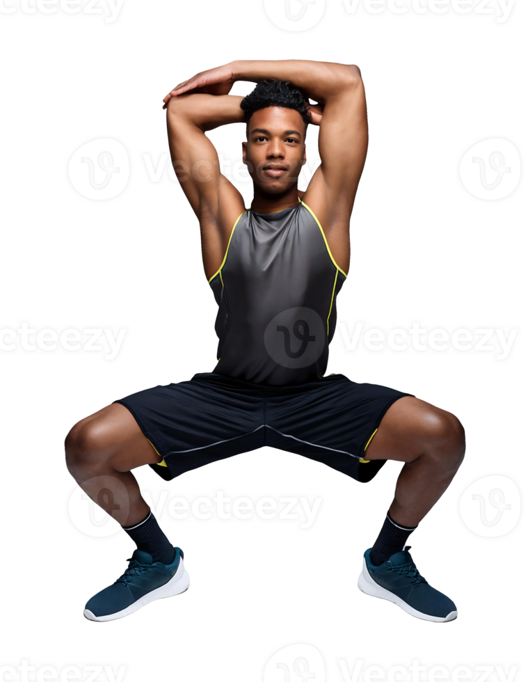 A man in a black tank top and blue shorts is doing a squat png