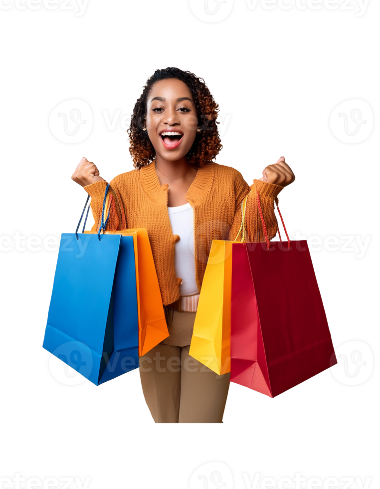 A woman holding shopping bags and smiling png