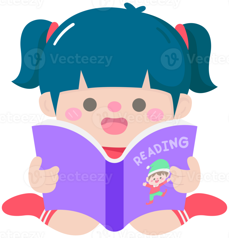 Hand Drawn Little girl sitting and reading a book png