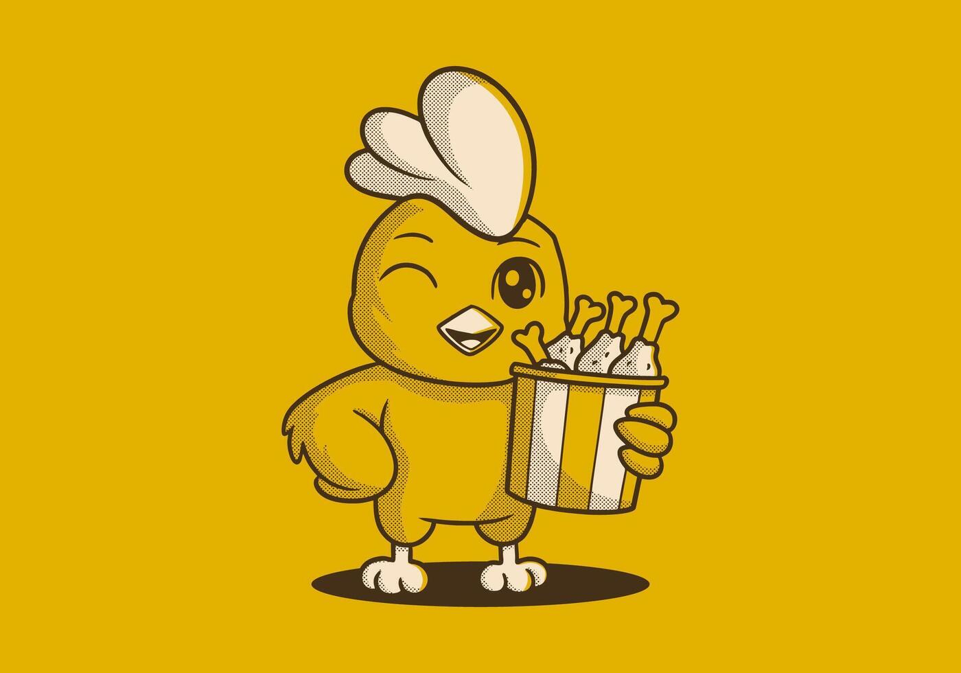 Retro mascot character of chicken or rooster holding a cup of fried chicken in yellow dominant background vector