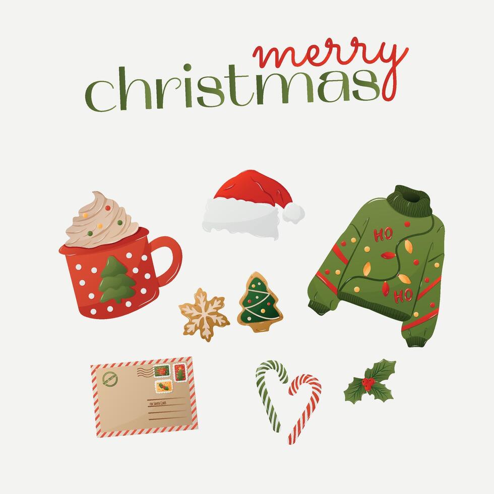 Greeting card for Merry Christmas and New Year. Sweater, ginger cookies, cocoa, etc. Illustration for poster, banner, card, postcard, cover. EPS 10 vector