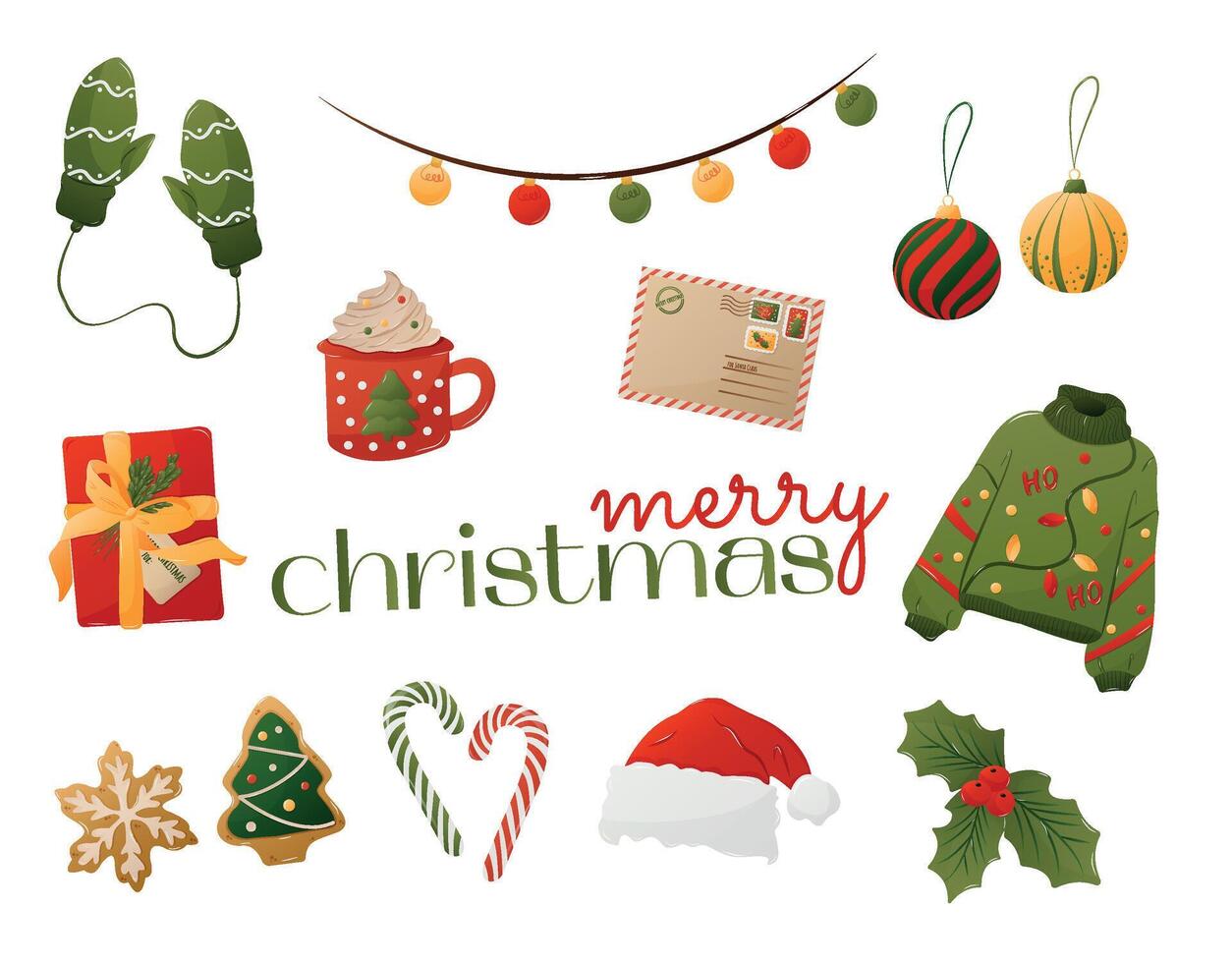 Christmas holiday items set. Set of cute Christmas and New Year. Isolated illustration for card, postcard, cover. EPS 10 vector