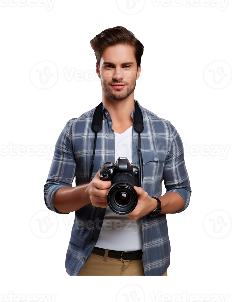 A man holding a camera and posing for the camera png