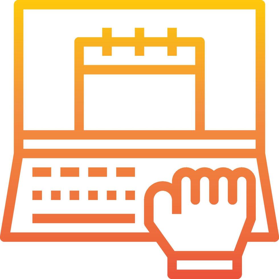 A hand is holding a laptop and pointing to a calendar vector