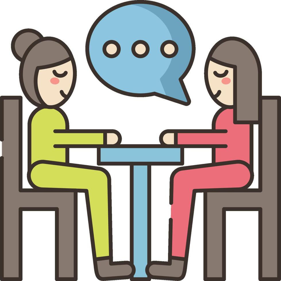 Two people sitting at a table with a speech bubble vector