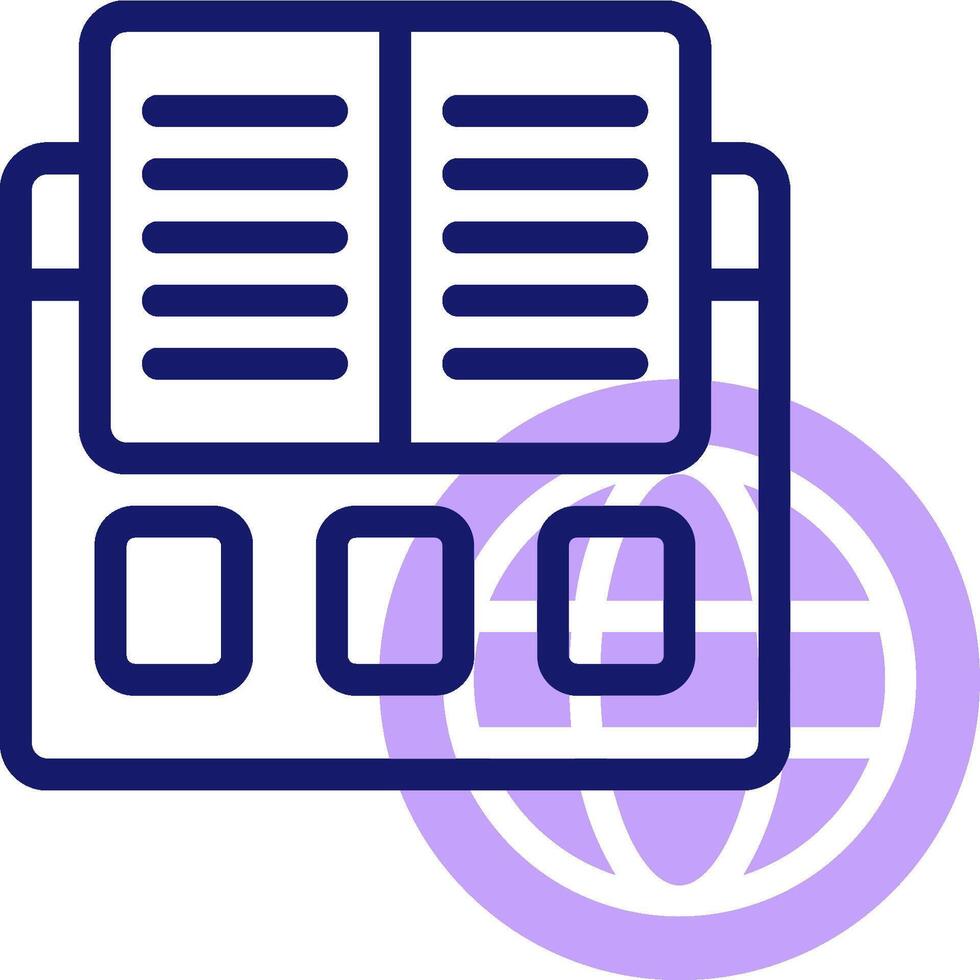 A purple and blue icon of a book and a globe vector