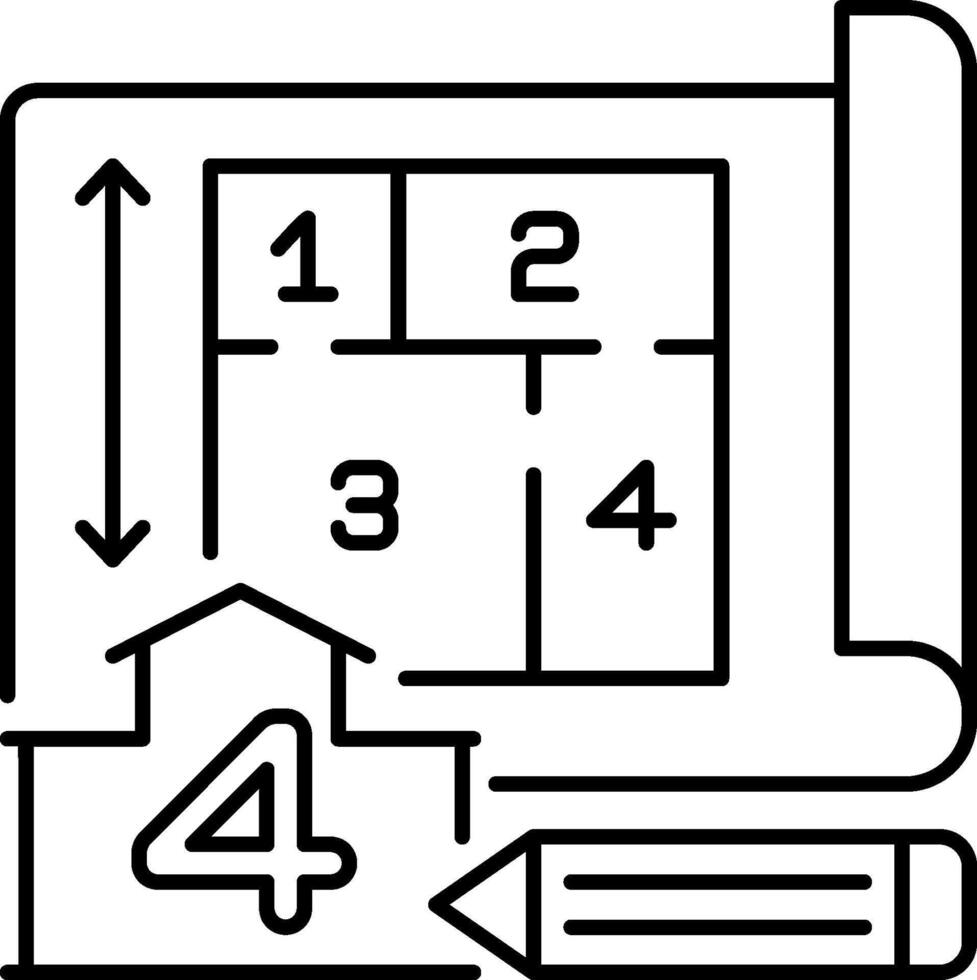 A black and white drawing of a house with a pencil and a number four vector