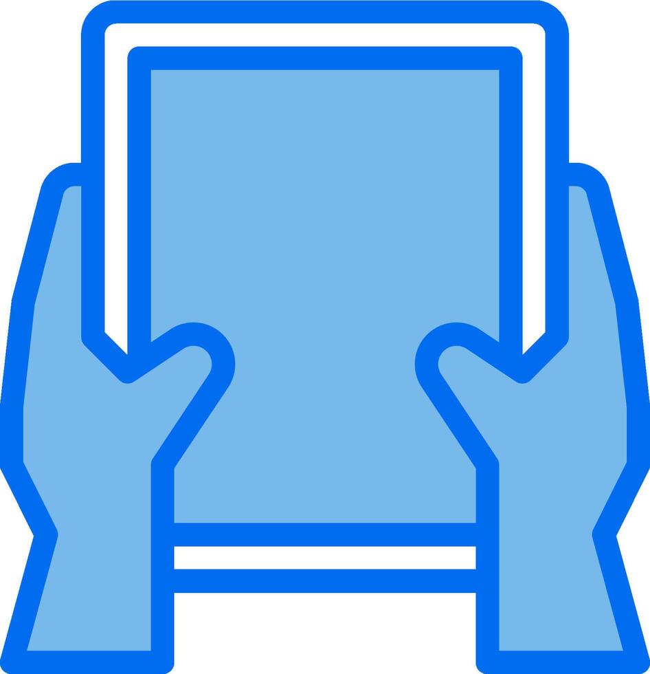 Hands holding a tablet computer with a blue background vector