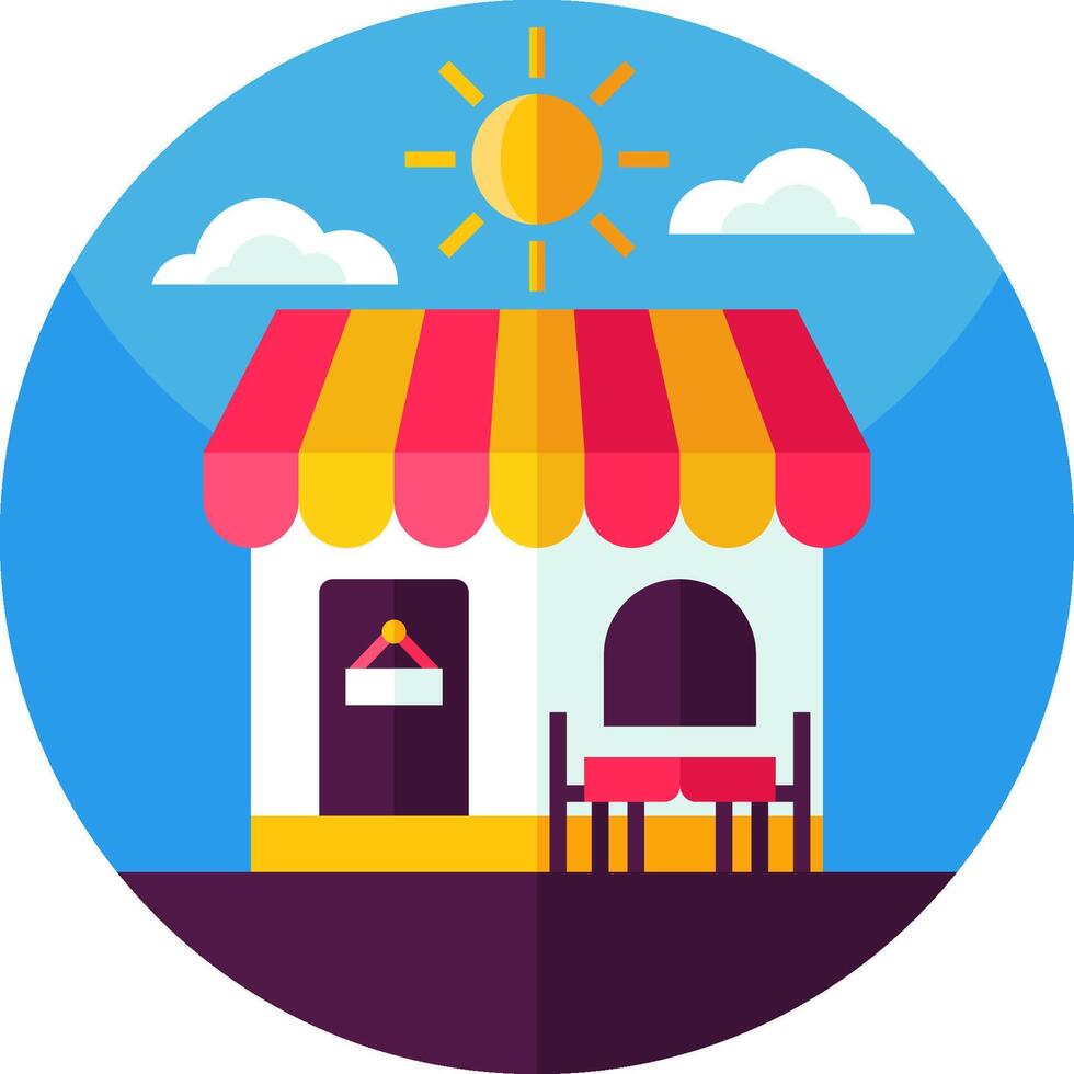 A colorful icon of a small store with a sun vector