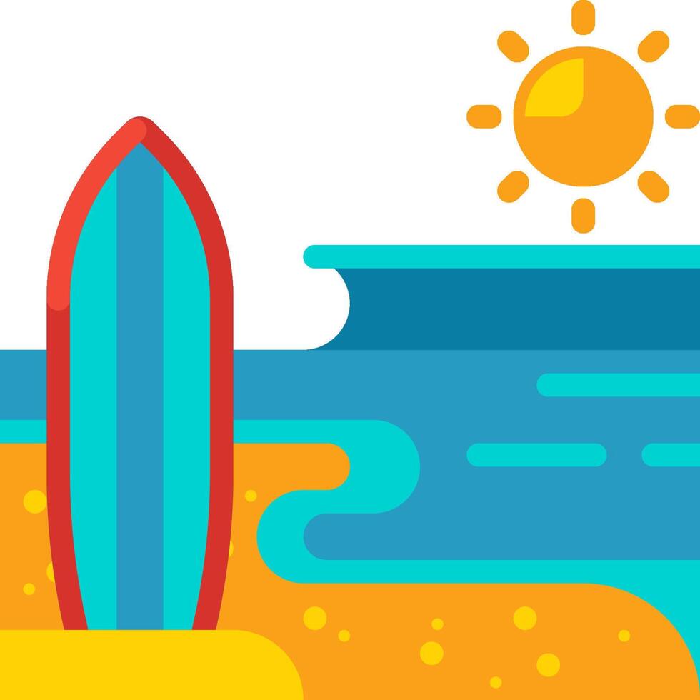 Surfboard on the beach with the sun in the background vector