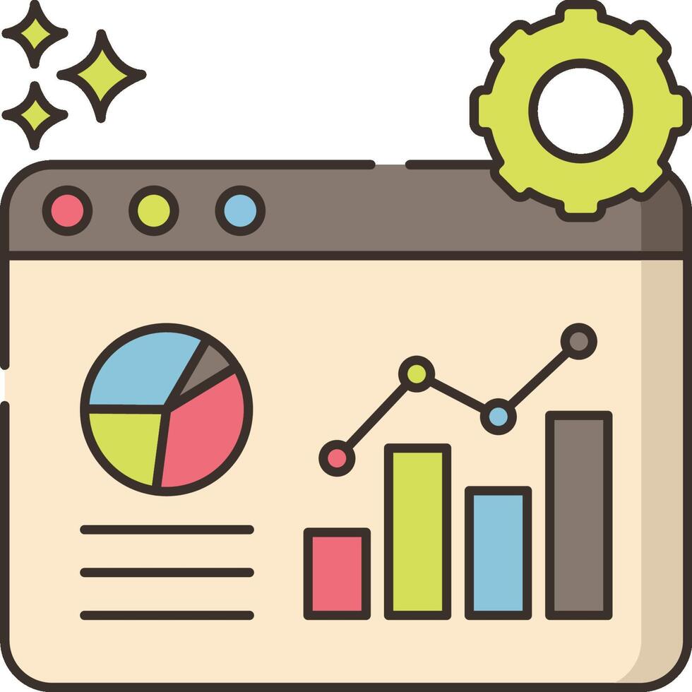A flat icon of a dashboard with a pie chart and a gear vector