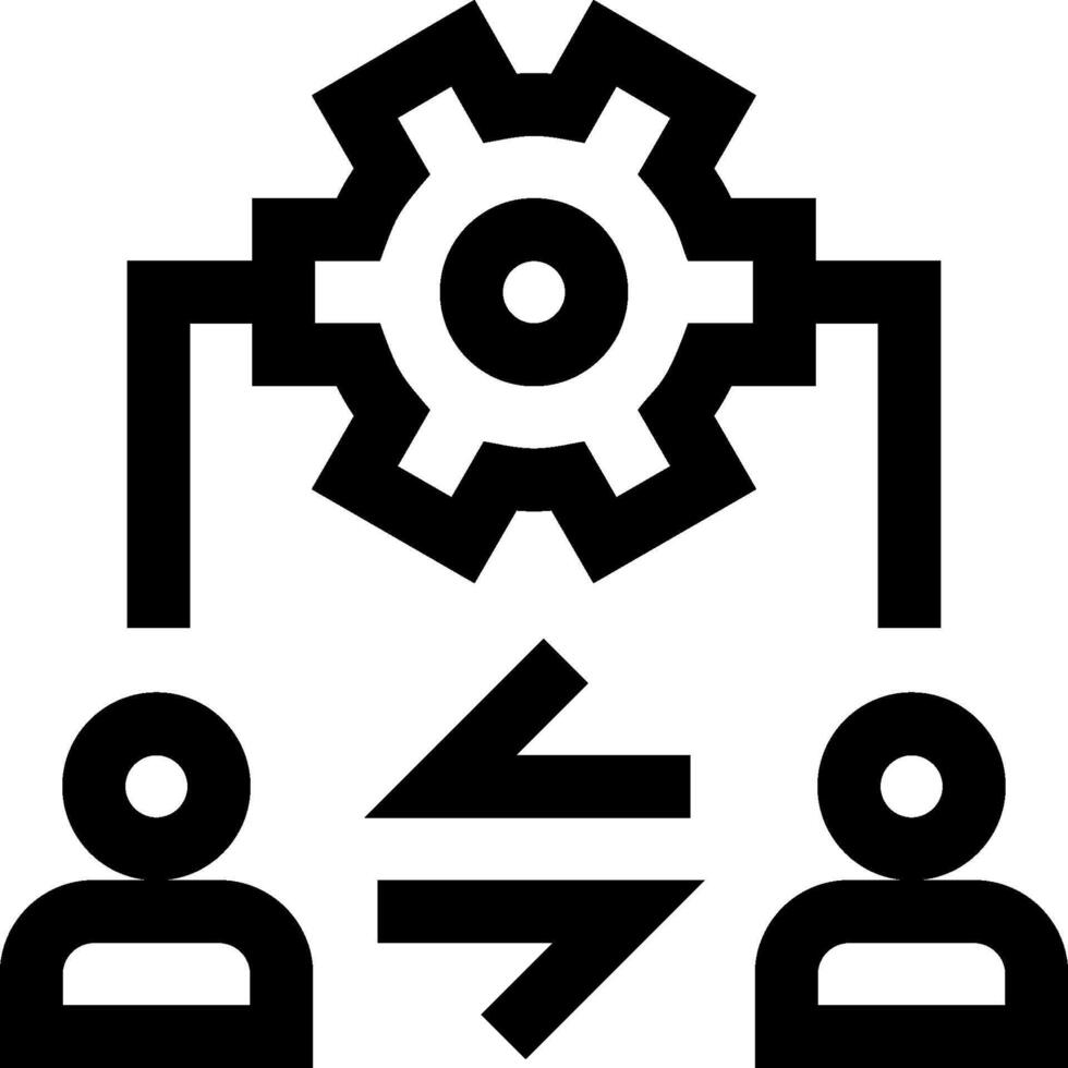 A black and white icon of two people and a gear vector