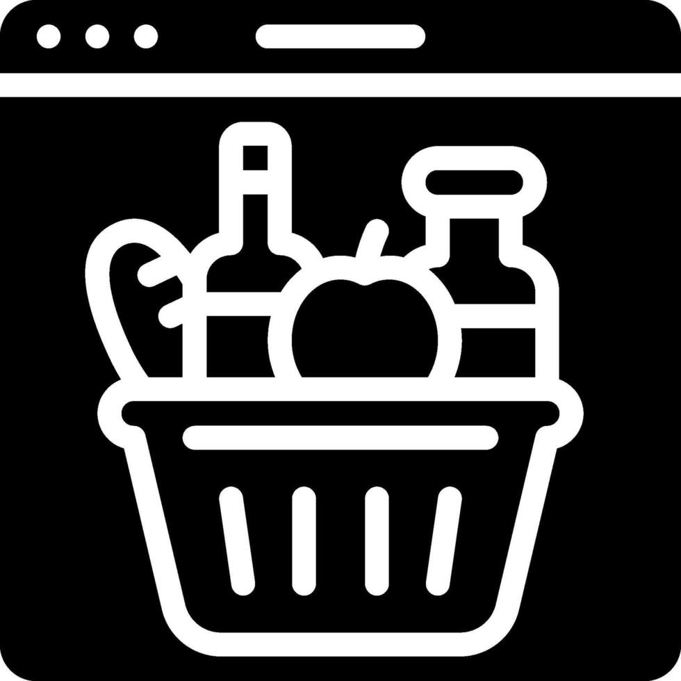 A black and white icon of a basket with food vector