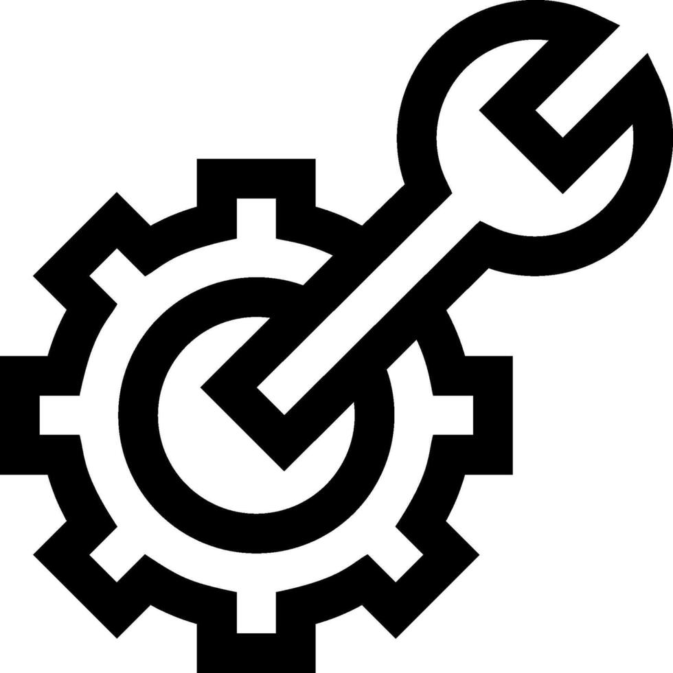 A black and white icon of a gearwheel with a wrench vector