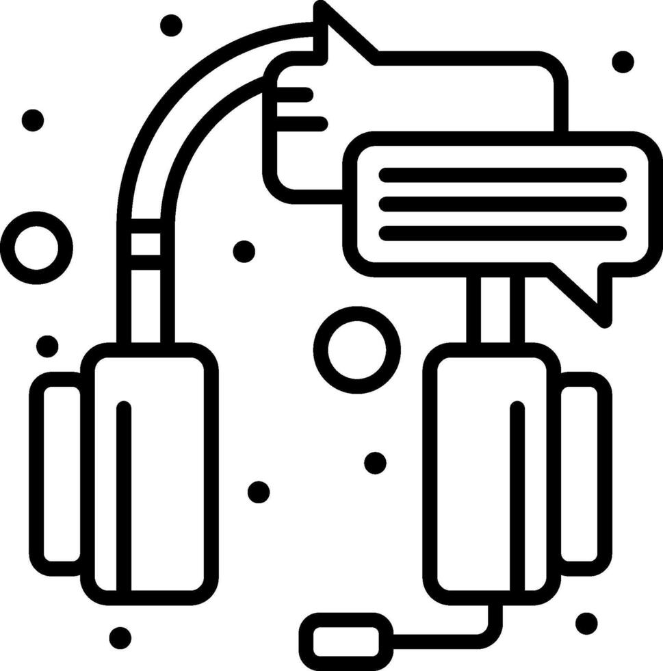 A black and white illustration of a headset with a speech bubble vector