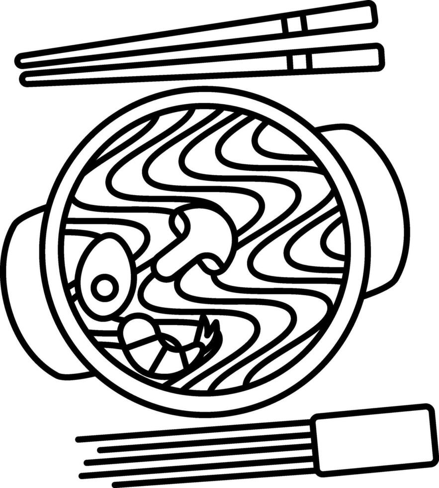 A black and white drawing of a bowl of noodles and chopsticks vector