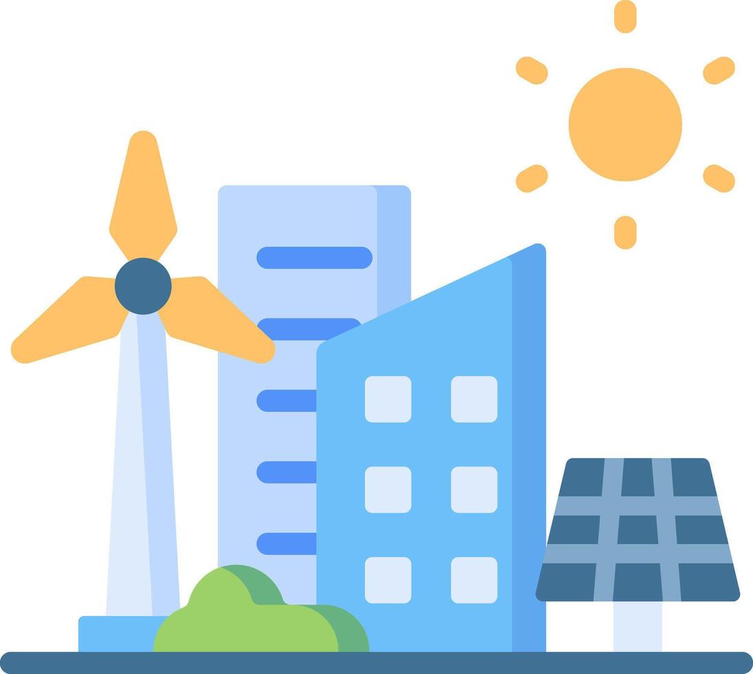 An illustration of a city with a wind turbine and solar panels vector
