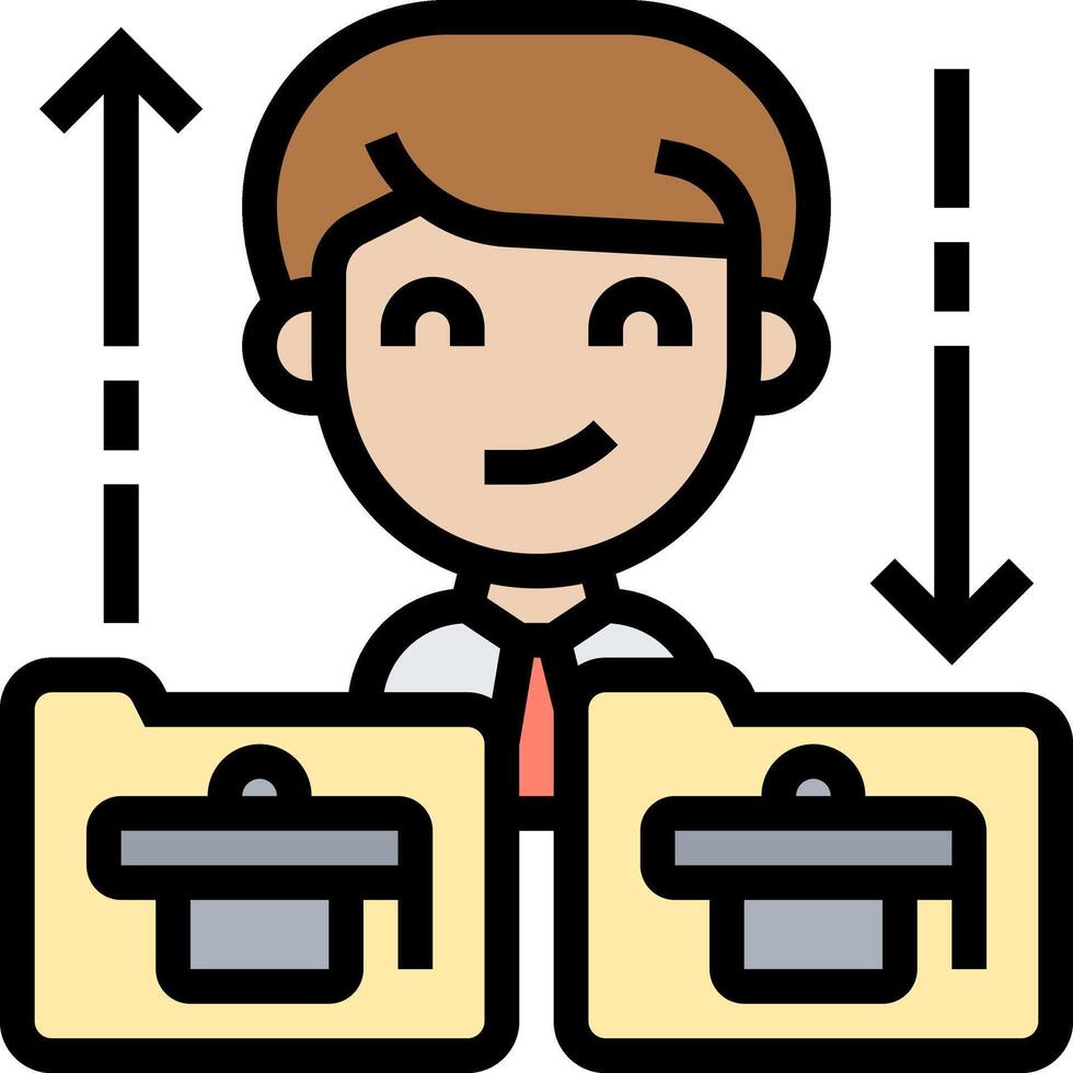 A cartoon man with a folder and two arrows pointing up vector