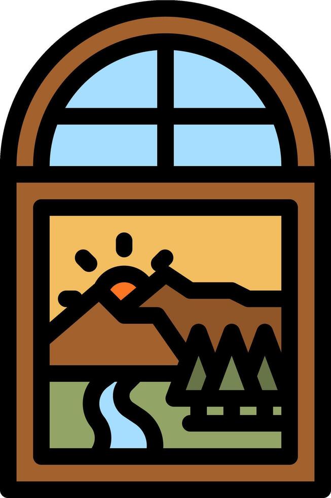 A window with a view of mountains and a river vector