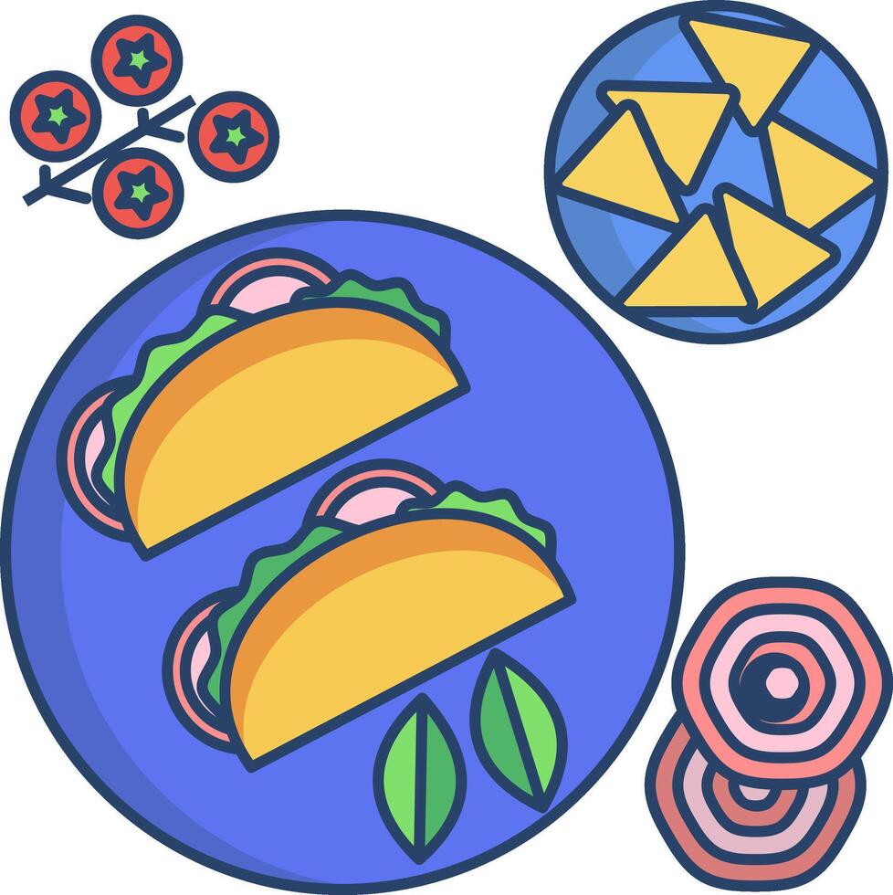 Tacos and other food items are shown on a plate vector