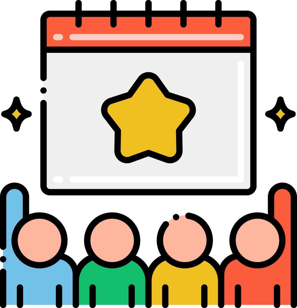 A group of people are standing around a calendar with a star on it vector