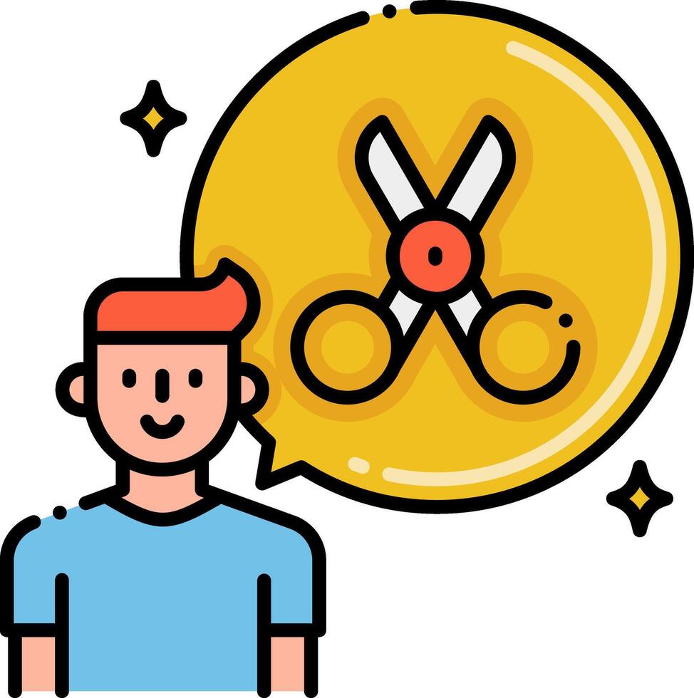 A man is holding scissors and a speech bubble with a scissors icon vector