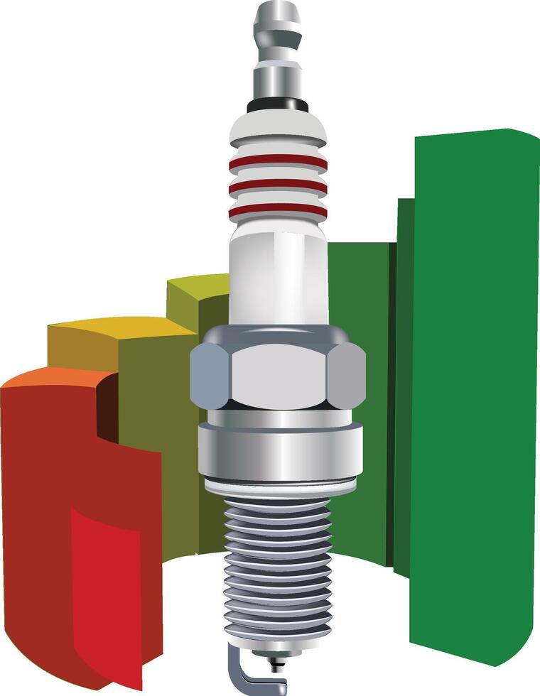 New spark plug is standing in front of a colorful growing graph symbolizing performance increase vector