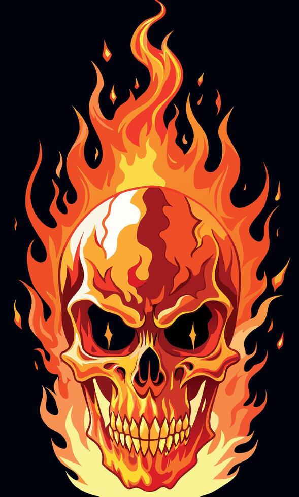 Flaming skull burning on black background illustration vector