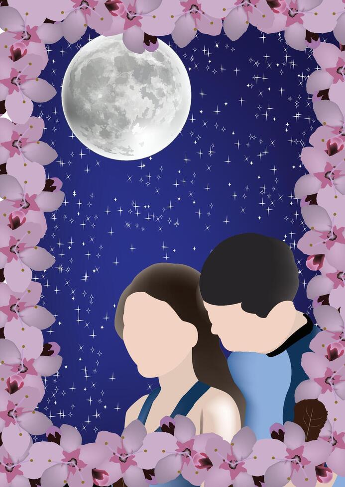 Young couple embracing under full moon with cherry blossoms vector