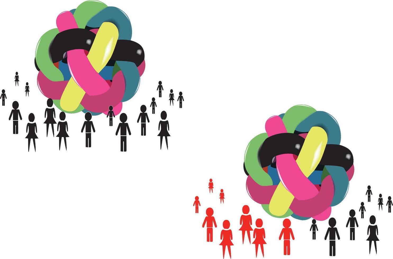 People gathering around colorful abstract shapes representing the concept of union vector