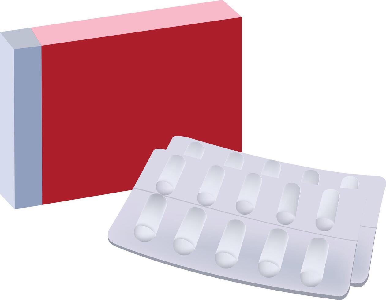 Red pills box with blister pack lying on white background vector