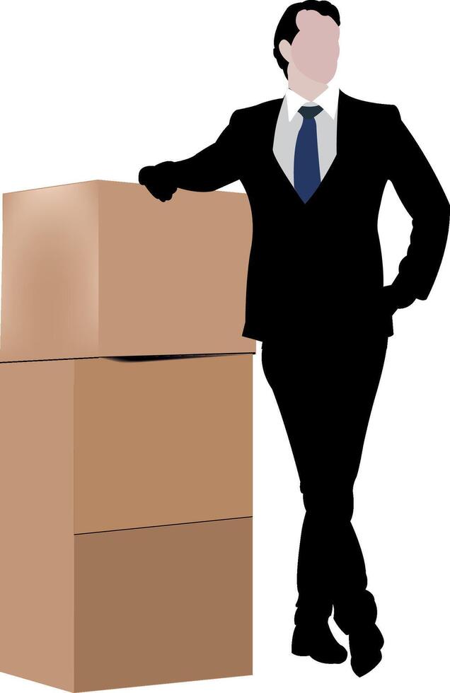 Businessman leaning on stack of boxes silhouette vector
