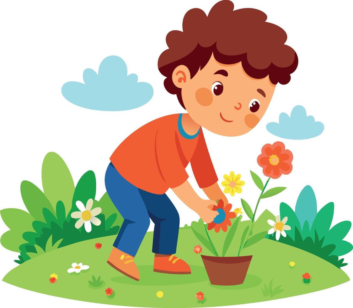 Boy planting flowers in the garden illustration vector