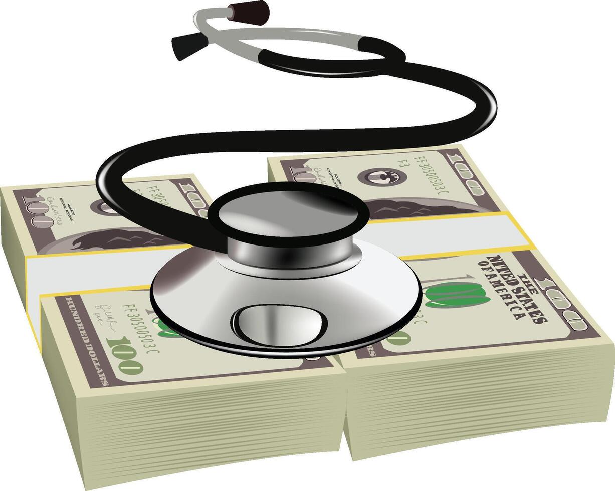 Stethoscope lying on stack of one hundred dollar bills illustrating high cost of healthcare vector