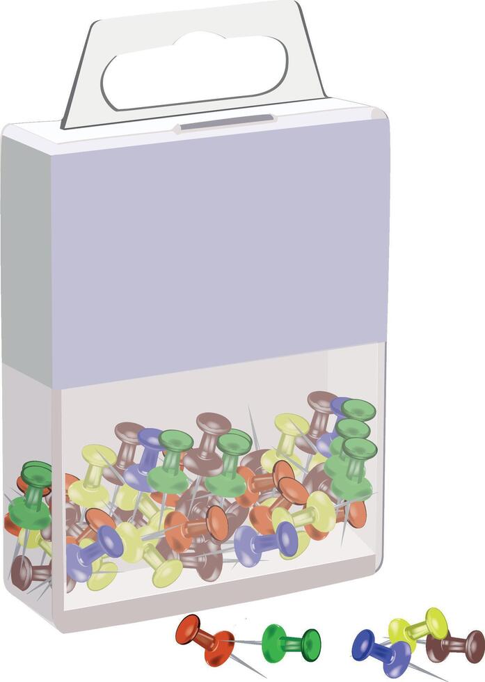 Box full of colorful push pins on white background vector