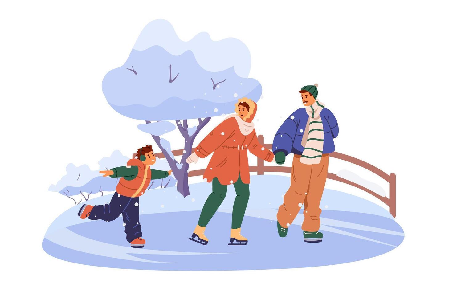 Happy family having fun on outdoor ice rink flat scene isolated on white. Parents with son skating outdoors. vector